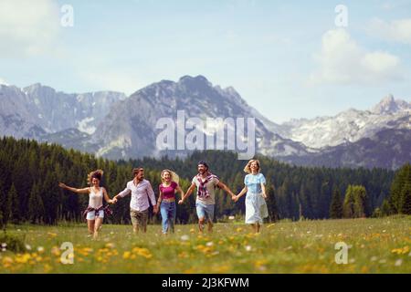Young friends in casual clothing running through meadow holding hands, enjoying time in nature. Fun, togetherness, lifestyle, nature concept. Stock Photo