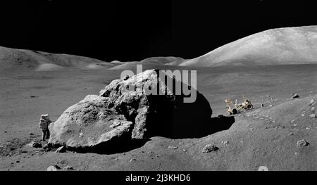 Harrison Schmitt working next to Tracy's Rock during the Apollo 17 mission. Stock Photo