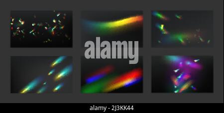 Rainbow crystal lights collection of backgrounds. Prism flare reflection, lens refraction overlays. Glass, jewelry or gem stone glare, kaleidoscope op Stock Vector