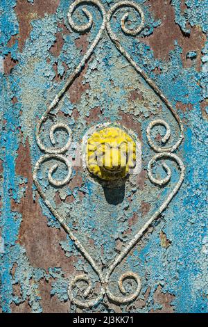 Blue, rusty, old, Peeling Paint Texture on a gate, fence Stock Photo