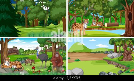 Different forest scenes with wild animals illustration Stock Vector ...