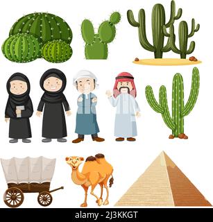 Arabic people and cactus plants illustration Stock Vector