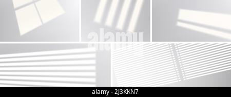 Window shadows on wall, floor or ceiling, realistic light blinds. Overlay effect, jalousie shade on white background. Soft sunlight in room or office, Stock Vector