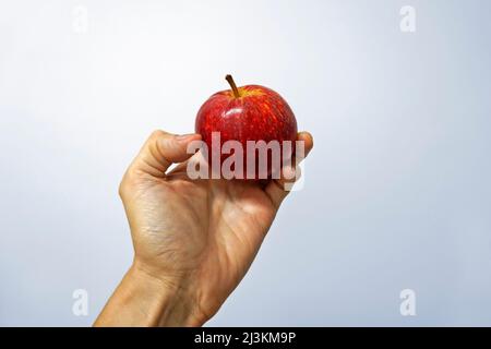 Red apple on hand in a bright background Stock Photo