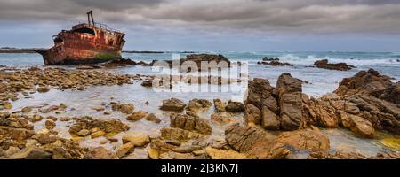 Shipwreck of the Meisho Maru No. 38 on the beach at Cape Agulhas in Agulhas National Park; Western Cape, South Africa Stock Photo