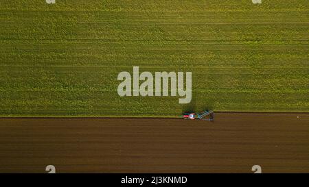 Drone photo of tractor ploughing field, Great Wilbraham; Cambridgeshire, England, United Kingdom Stock Photo