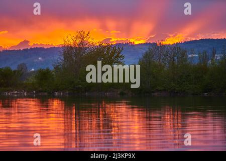 Vibrant colours during sunset over the Danubia River; Upper Palatinate, Bavaria, Germany Stock Photo