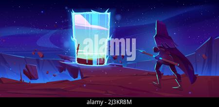Knight go to magic portal on mountain ledge at night. Vector cartoon fantasy illustration with medieval magician with spear and mystic entrance to ali Stock Vector