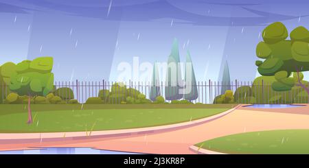 Park at rainy day, city area with paths, fence, green lawns and trees, summer landscape with cloudy sky , empty public place for walking and recreatio Stock Vector