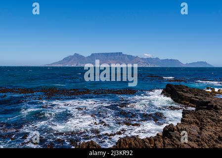 Table Mountain viewed from Robben Island, Cape Town, South Africa; Cape Town, Western Cape, South Africa Stock Photo