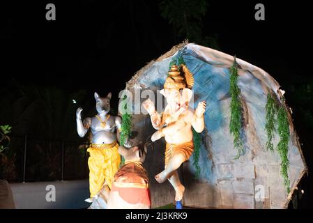 Panaji, Goa, India, March 26th 2022: A medley of colours and float parades depicting scenes from Hindu mythology up Panjim Goa for Shigmo festival Stock Photo