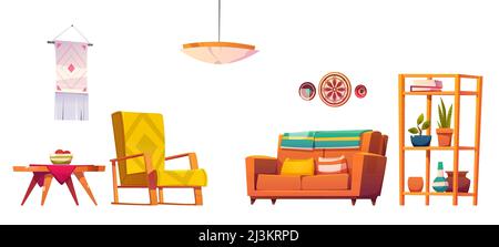 Living room furniture in boho style. Vector cartoon set of vintage lounge interior, couch with pillows, armchair, wooden table, rack with plants and d Stock Vector