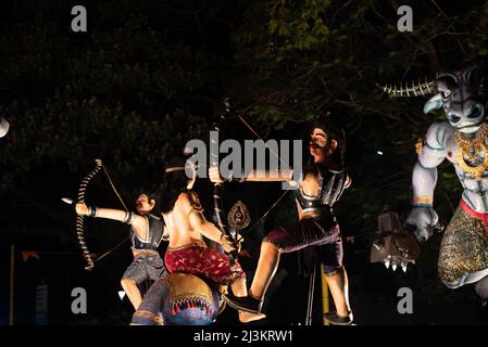 Panaji, Goa, India, March 26th 2022: A medley of colours and float parades depicting scenes from Hindu mythology up Panjim Goa for Shigmo festival Stock Photo