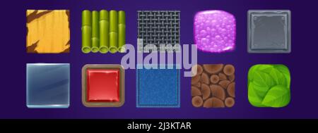 Square buttons with metal plate, bamboo, denim and glass textures for ui game design. Vector cartoon set of buttons from jelly with bubbles, wire net, Stock Vector