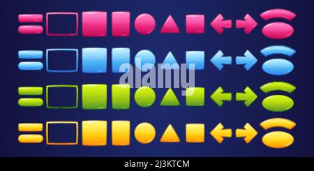 Glossy geometric buttons and frames for game or web user interface design. Vector cartoon set of ui elements different shapes, pink, yellow, blue and Stock Vector