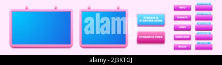 Live streaming background, online multimedia player windows and buttons. User interface pink and blue colors. Social media channel, video blogging bro Stock Vector