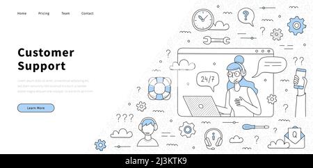 Customer support, help service, call center banner. Vector landing page with doodle illustration of hotline with girl operator in headset with laptop, Stock Vector