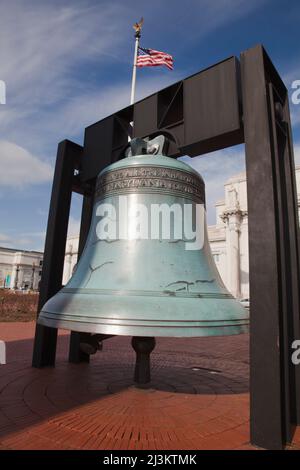 Freedom Bell, American Legion, a modern twice-size replica of the Liberty Bell, outside Union Station in Washington DC, USA Stock Photo