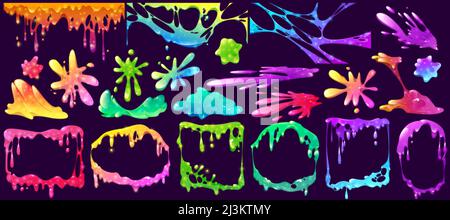 Colorful slime frames, splashes, spots and elements isolated vector set. Liquid toxic ooze borders with blobs and dripping. Bright vibrant sticky goo, Stock Vector