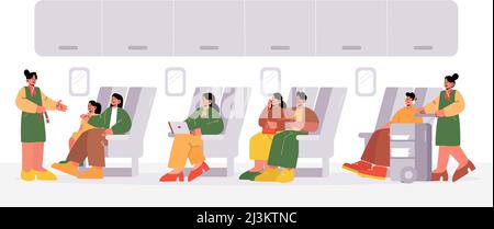 Airplane cabin with passengers on seats and stewardesses in aisle. Vector flat illustration of plane salon interior with people sitting in chairs, air Stock Vector