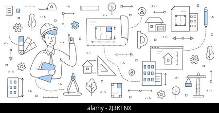 Man architect in helmet, house project blueprint, crane, measure tools. Vector hand drawn illustration of architecture and construction industry with Stock Vector