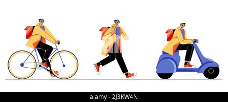 Courier deliver parcels on bicycle, by feet and scooter. Shipping service worker with correspondence, mail, documents, food, order transportation to c Stock Vector