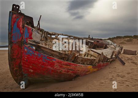 Colourful weathered shipwreck lying in sand dunes at Crow Point, at the mouth of the Taw and Torridge Rivers, near Barnstaple, Devon, Great Britain Stock Photo
