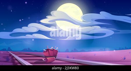 Train sabotage western scene with tnt dynamite lying on railroad at wild west nature landscape with desert under night sky with full moon and clouds. Stock Vector