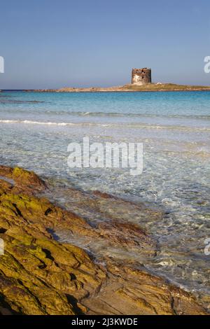 A view at Pelosa Beach, on the northern tip of Sardinia, Italy.; Pelosa Beach, Stintino, Sardinia, Italy. Stock Photo