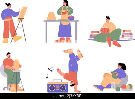 People doing different hobbies, painting, cooking, pottery, knitting, dance and reading books. Vector flat illustration of men make sculpture, dancer, Stock Vector