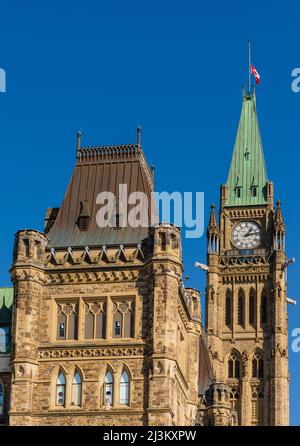 Centre Block and Peace Tower of the Canadian Parliament Buildings in the nation's capital city of Ottawa; Ottawa, Ontario, Canada Stock Photo