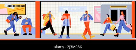 People at subway platform with train leaving metro station. Passengers stand, walk or sit at underground tunnel. Tourists and citizen characters use u Stock Vector