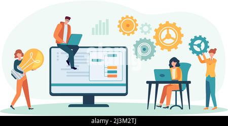 Business people working together in team. Office workers collaborating, woman generating ideas, man working on laptop Stock Vector