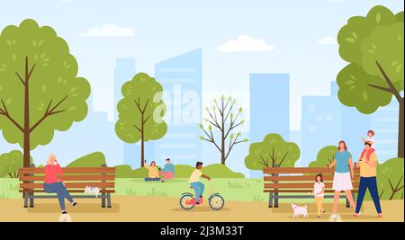 People walk in public park. Family going with children and dog pet eating ice cream. Kid riding bicycle, couple sitting on grass Stock Vector