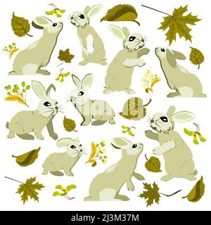 Rabbits collection. Vector clipart illustration of cute cartoon brown bunny in different poses and actions, sitting, laying and linden leaves and flow Stock Vector