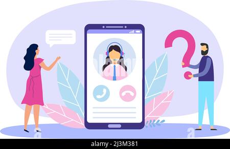 Customer support content. Cartoon woman and man asking questions and chatting with personal assistant Stock Vector