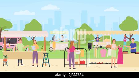 Local market with goods. People walking between counters and buying things. Man and woman standing at counters Stock Vector
