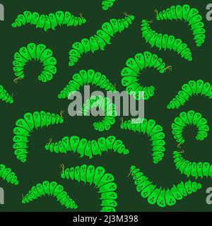 Seamless Pattern. Green Cartoon Caterpillars Isolated on White Background. Cute Summer Insects. Small Maggot Move. Butterfly Life Cycle Stock Vector