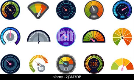 Speedometer set. Score measuring indicator with arrows and marks. Vector speed meter indicators Stock Vector