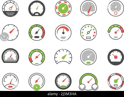 Color speedometer icons. Speed gauge symbol and download indicator. Vector isolated set Stock Vector