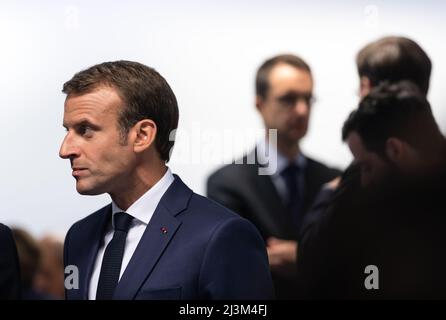 French President Emmanuel Macron is seen during the NATO military alliance summit in Brussels. Stock Photo