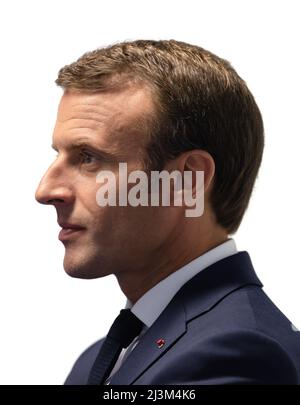 French President Emmanuel Macron is seen during the NATO military alliance summit in Brussels. Stock Photo