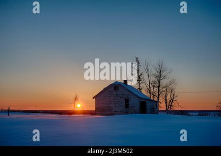 Weathered farmhouse on winter landscape at sunset; Alberta, Canada Stock Photo