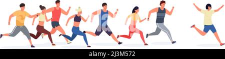Cartoon runner. People in sport clothes running and jogging, sport athletic men and women on group training. Vector illustration Stock Vector