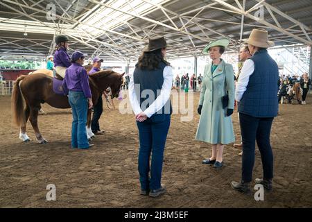 The Princess Royal speaks to representatives of Riding for the Disabled Association, during a visit to open the Royal Agricultural Society of New South Wales Bicentennial Sydney Royal Easter Show in Sydney, during day one of the royal trip to Australia on behalf of the Queen, in celebration of the Platinum Jubilee. Picture date: Saturday April 9, 2022. Stock Photo