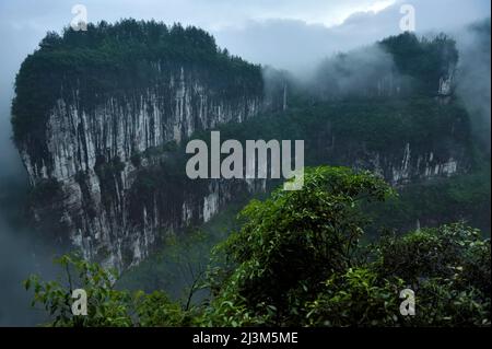 After rains pass and clouds rise from the bottom of the gorges in Sanqiao, or the Three Natural Bridges, unveiling large limestone cliffs. Stock Photo