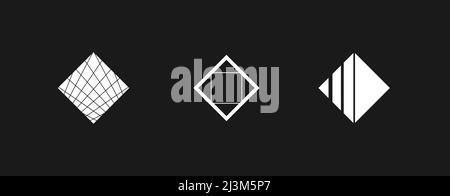 Set of retrowave design elements, rhombuses. Rhombuses with stripes and linear rhombus with inscribed square. Pack of retrowave 1980s style design Stock Vector
