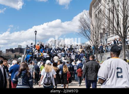 Bronx, USA. 08th Apr, 2022. New York Yankee manager Aaron Boone on the  dugout steps before his team plays the Boston Red Sox on opening day at  Yankee Stadium on Friday, April