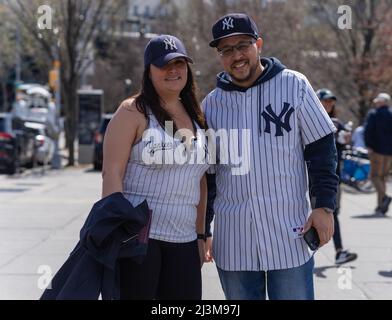 Bronx, USA. 08th Apr, 2022. New York Yankee manager Aaron Boone on the  dugout steps before his team plays the Boston Red Sox on opening day at  Yankee Stadium on Friday, April