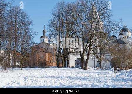 The old church of Paraskeva Friday in the landscape of of Yaroslav's courtyard on a sunny March day. Veliky Novgorod, Russia Stock Photo